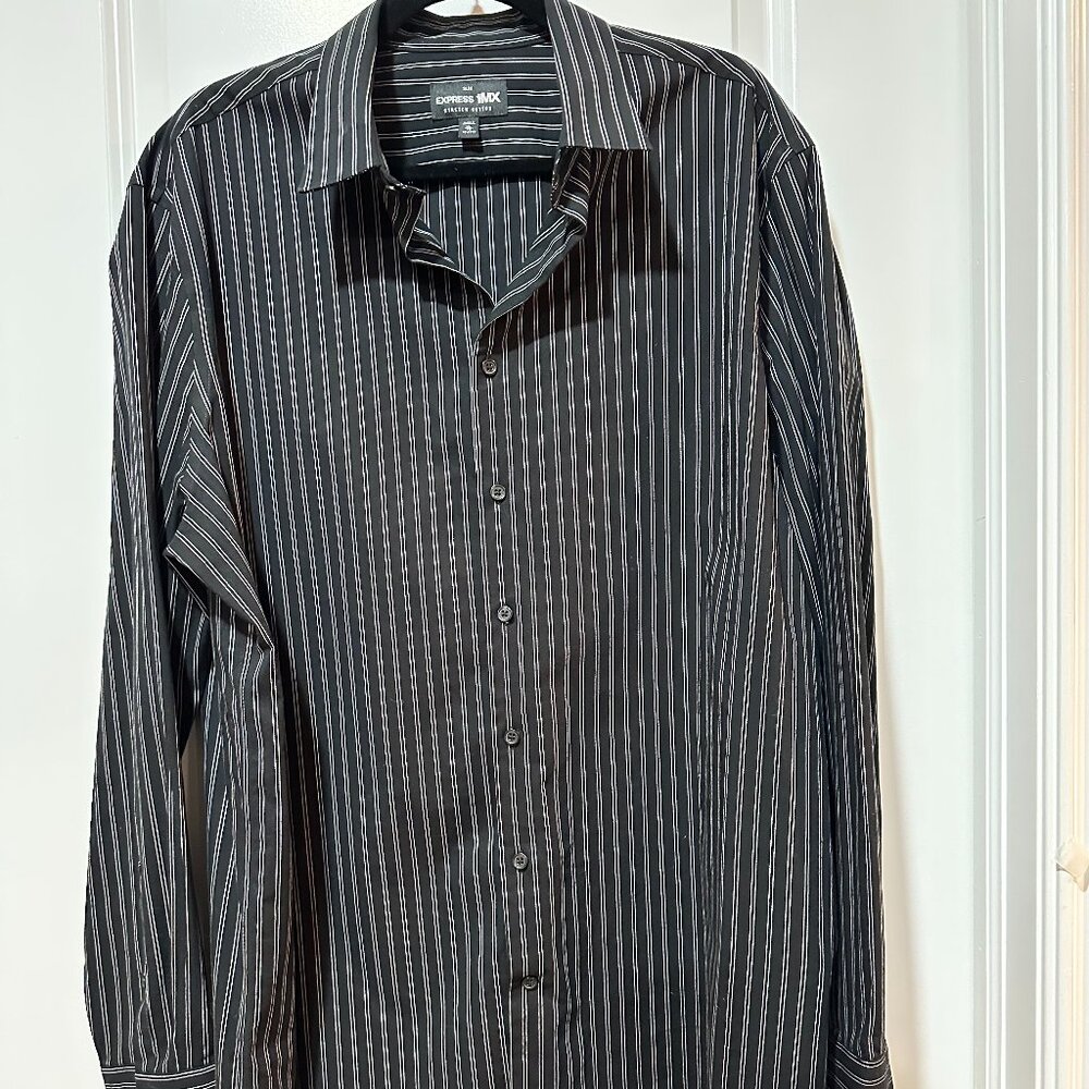 Express 1MX Slim Fit Stretch Cotton Black & White Stripe Button Down, Size XL